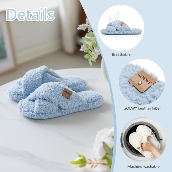 ⚡Women’s Sky Blue Faux Fur Cozy Fuzzy Cross Band Slippers Indoor House Shoes - Picture 4 of 6